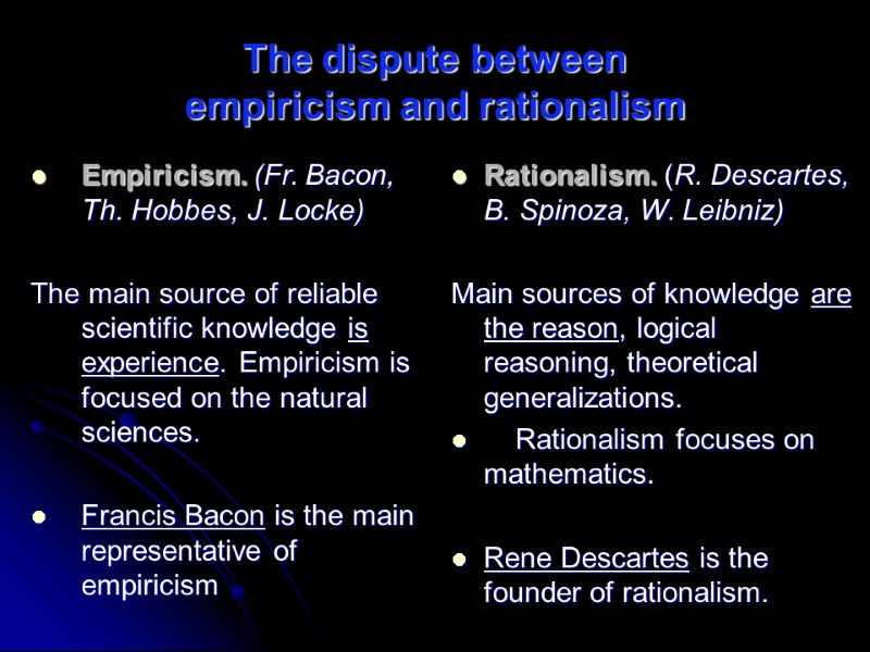 The dispute between  empiricism and rationalism Empiricism. (Fr. Bacon, Th. Hobbes, J. Locke)